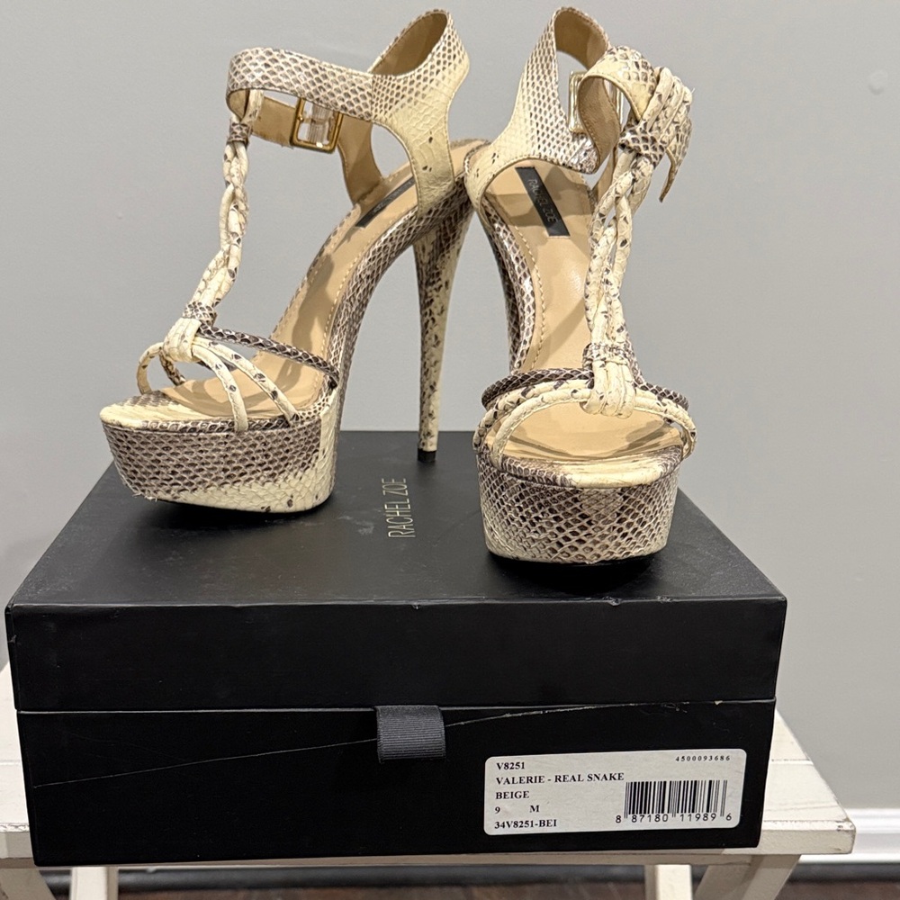 Rachel Zoe Valerie Cream and Tan Real Snake Print Heels (Box & Shoe Bag)